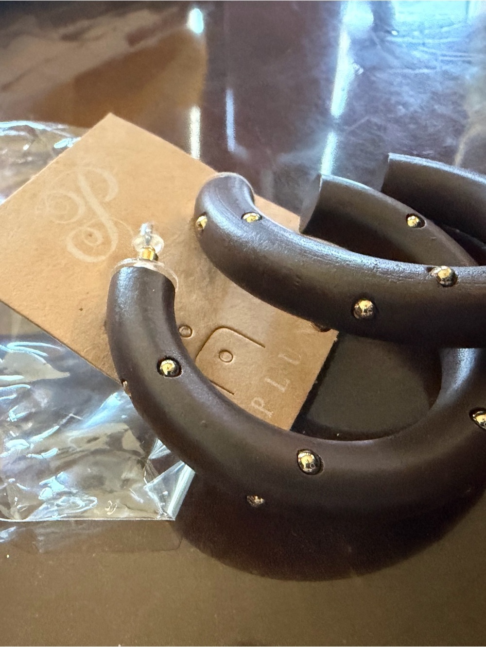 Plunder Dark Brown Hoop Earrings with Gold Studs - Picture 3 of 3